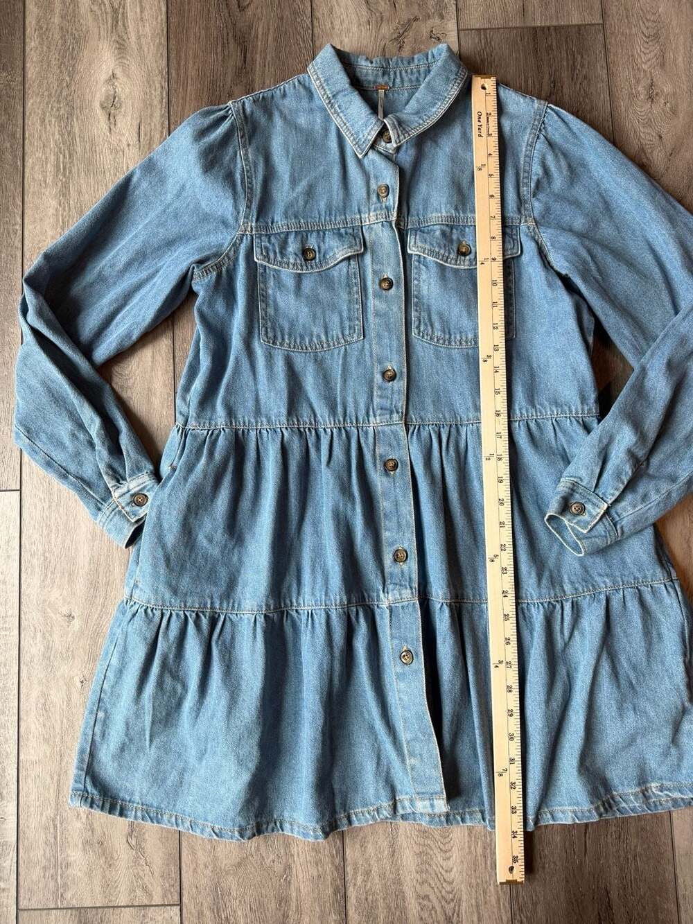 Free People Nicole Denim Shirt Dress Size L Indigo Tiered Babydoll - Picture 5 of 6